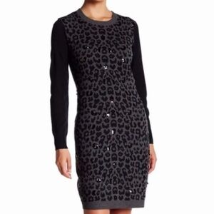 NWOT - Betsey Johnson Knit/Sequin Sweater Dress Leopard Design Gray/Black Size M